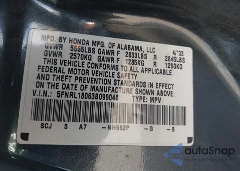 2003 Honda Odyssey Ex-L z USA, uszkodzony, nr VIN 5FNRL18063B099048